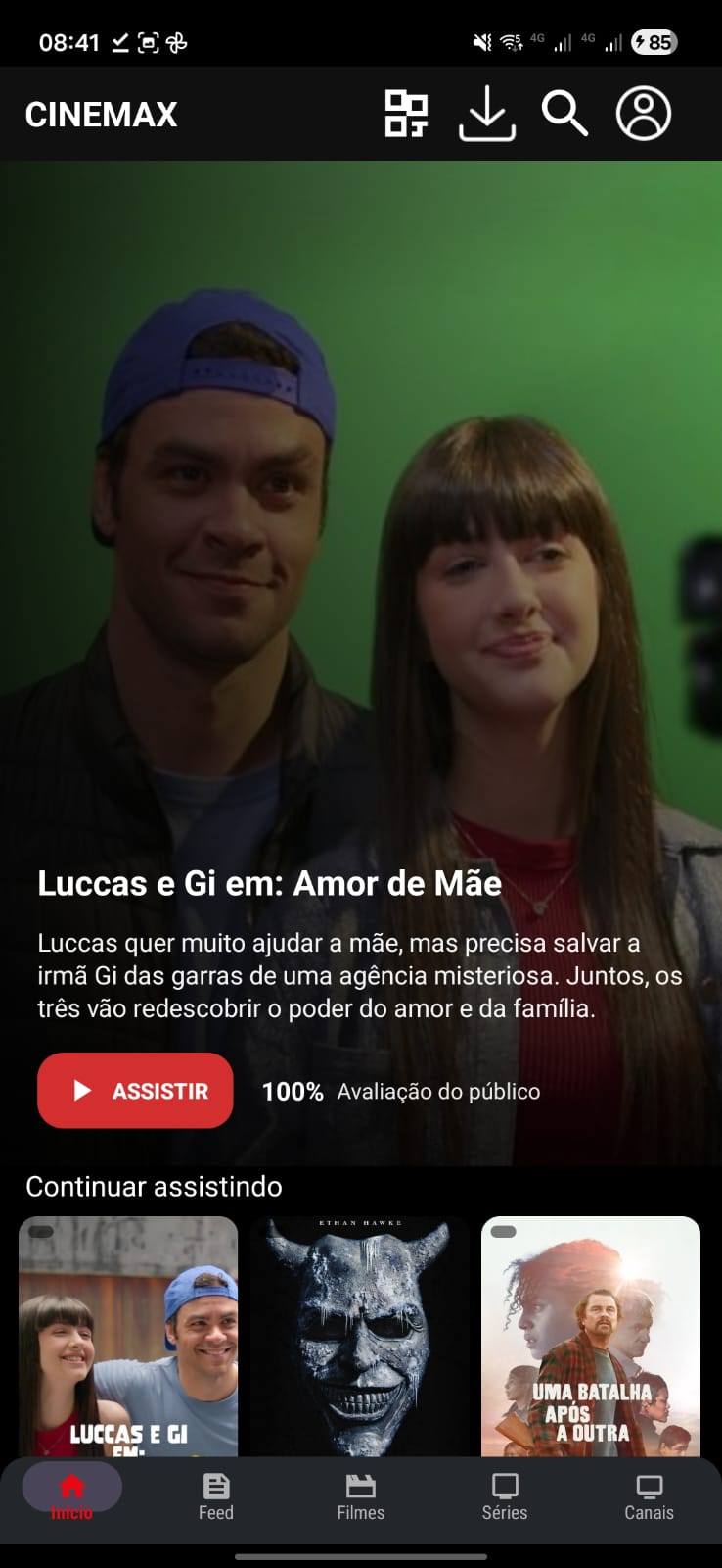 Prévia do app de filmes e séries CineMax para Android